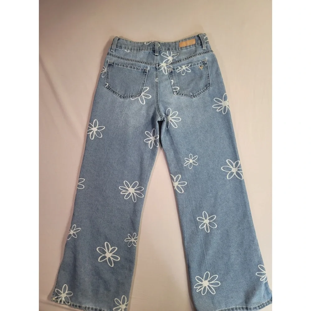 Justice Girls‎ Daisy Print Wide Leg Jeans Size 14 Light Wash Y2K Retro Floral